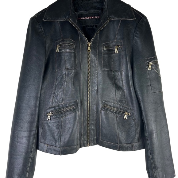 Charles Klein Moto Bomber Leather Jacket Coat Womens Sz Large Black Zip Up - Picture 2 of 8